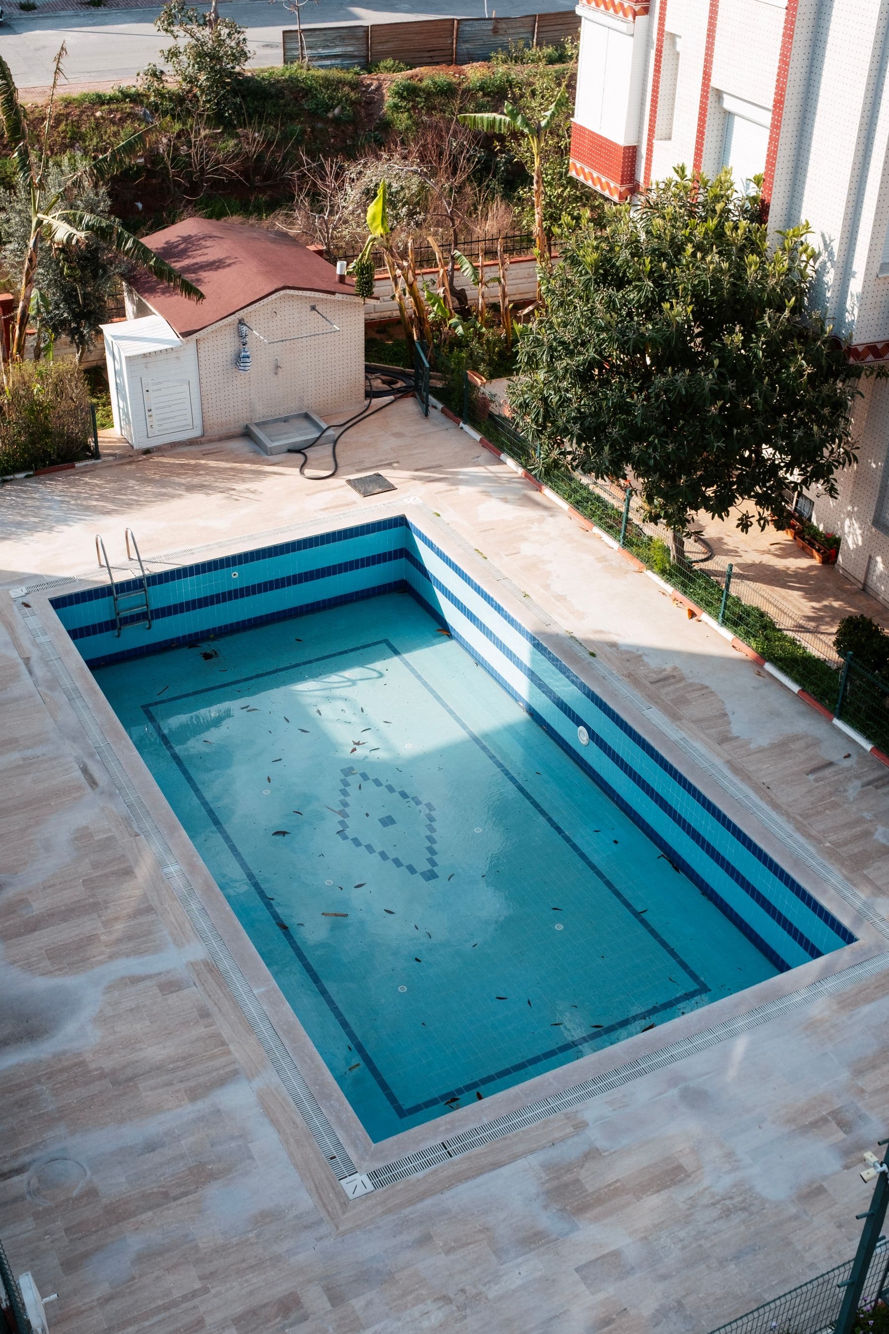 A rectangular backyard swimming pool seen from above, with a paved deck around it.